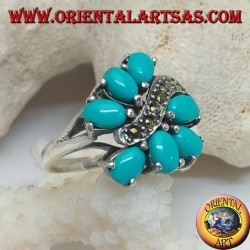 Anillo de plata con 7 conjuntos ovales de turquesa, dividido por una línea de onda de marcasita