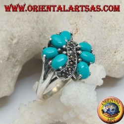Silver ring with 7 oval turquoise set, divided by a marcasite wave line