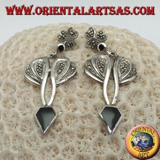 Boucles d'oreilles en argent avec onyx en forme de diamant et serti de marcassite