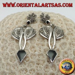 Silver earrings with diamond-shaped onyx and setting with marcasite
