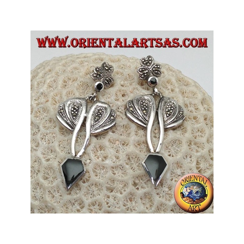 Boucles d'oreilles en argent avec onyx en forme de diamant et serti de marcassite