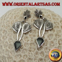 Silver earrings with diamond-shaped onyx and setting with marcasite