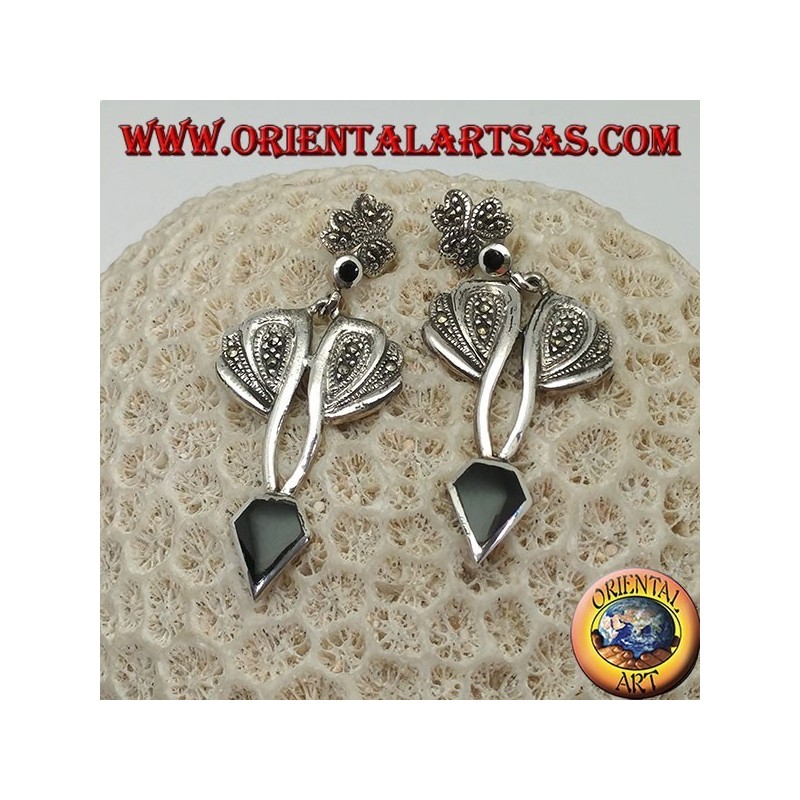 Silberohrringe mit rautenförmigem Onyx und Fassung mit Markasit