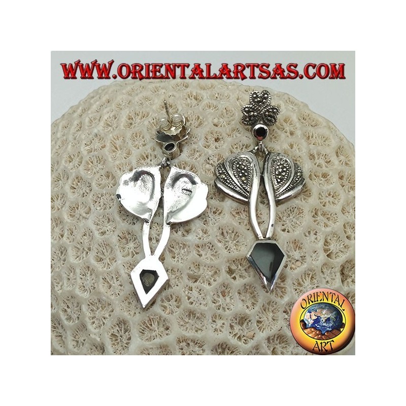 Silver earrings with diamond-shaped onyx and setting with marcasite
