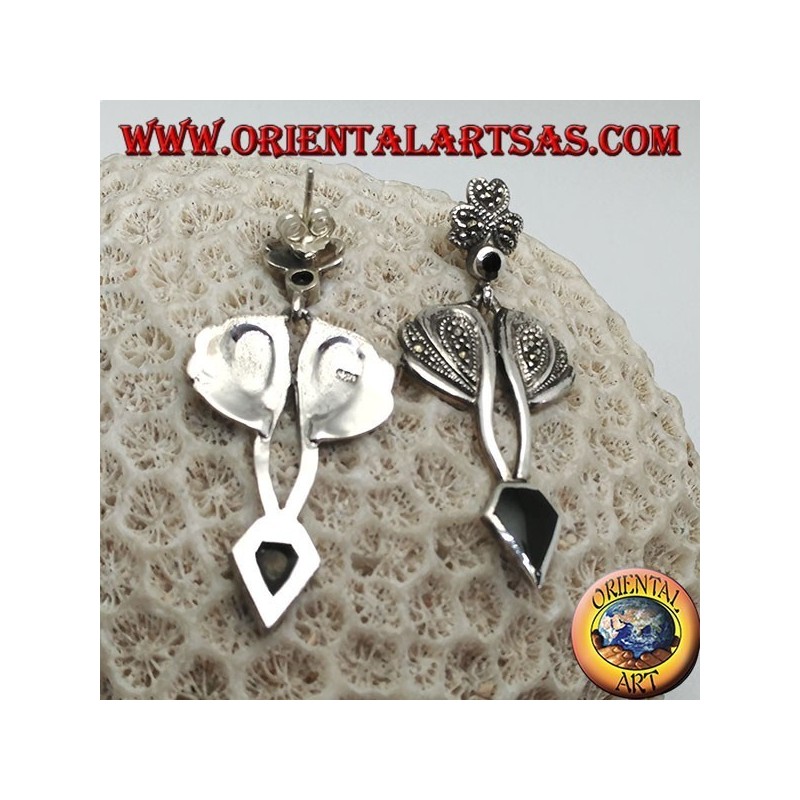 Orecchini in argento con onice a forma di diamante e montatura con marcassite