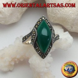 Silver ring with green cabochon shuttle agate surrounded by marcasite and rise on the sides