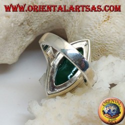 Silver ring with green cabochon shuttle agate surrounded by marcasite and rise on the sides