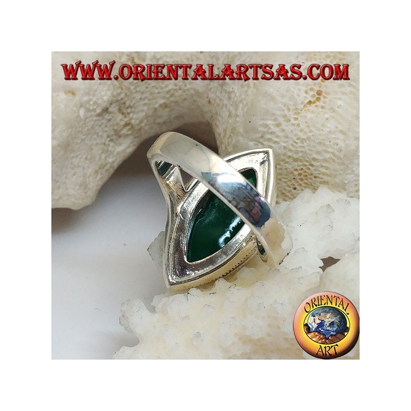 Silver ring with green cabochon shuttle agate surrounded by marcasite and rise on the sides