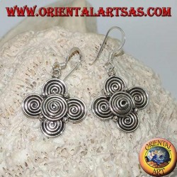 Silver pendant earrings with a cloverleaf of spirals