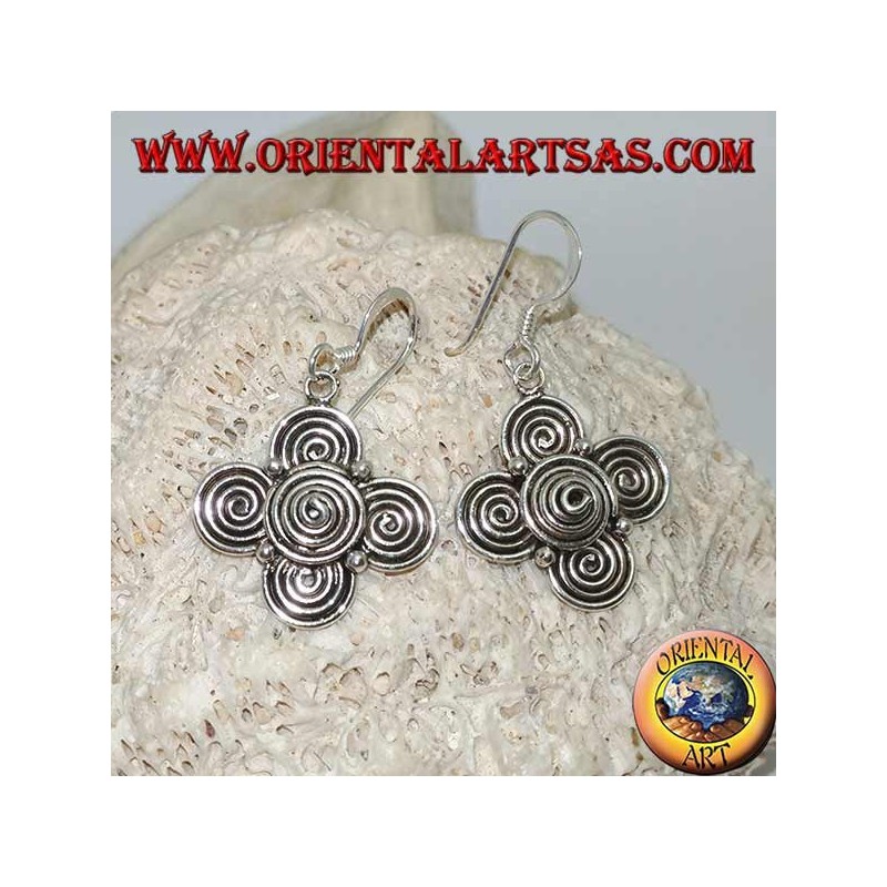 Silver pendant earrings with a cloverleaf of spirals
