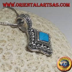 Rhomboid silver pendant with turquoise on a perforated rounded frame