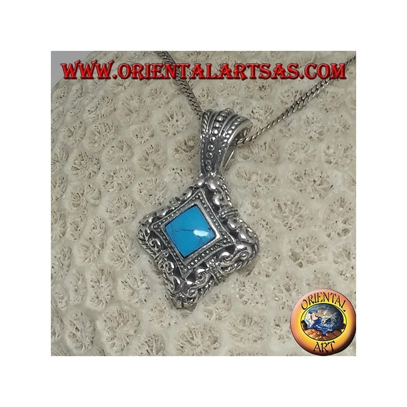Rhomboid silver pendant with turquoise on a perforated rounded frame
