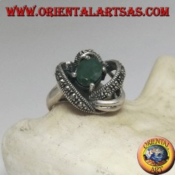 Silver ring with natural oval emerald set wrapped in 3D by threads with maracssite