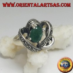 Bague en argent avec émeraude ovale naturelle sertie de fils 3D avec maracssite