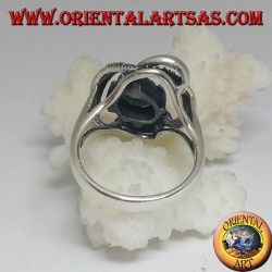 Silver ring with natural oval emerald set wrapped in 3D by threads with maracssite