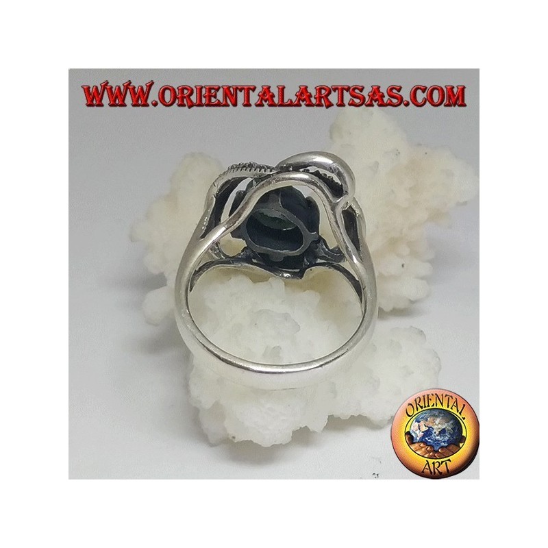 Silver ring with natural oval emerald set wrapped in 3D by threads with maracssite