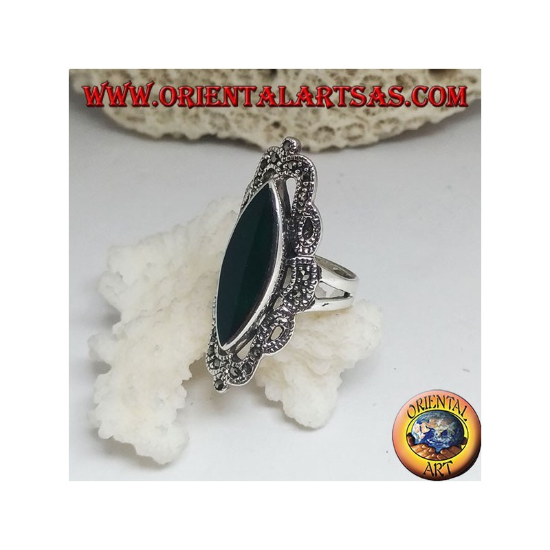Silver ring with green shuttle agate and classic style decoration perforated with marcasite