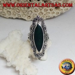 Silver ring with green shuttle agate and classic style decoration perforated with marcasite