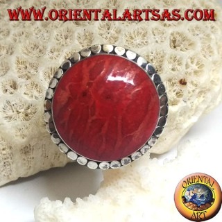 Runder silberner Ring mit roter Madrepora (Koralle), umgeben von verstellbaren Scheiben (Freesize)