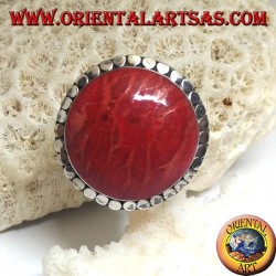 Round silver ring with red madrepora (coral) surrounded by adjustable disks (freesize)