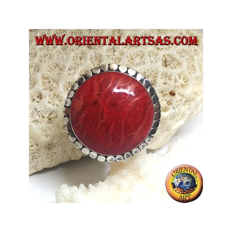Runder silberner Ring mit roter Madrepora (Koralle), umgeben von verstellbaren Scheiben (Freesize)