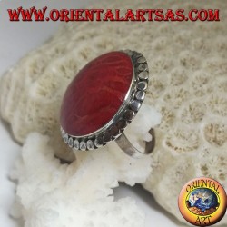 Runder silberner Ring mit roter Madrepora (Koralle), umgeben von verstellbaren Scheiben (Freesize)
