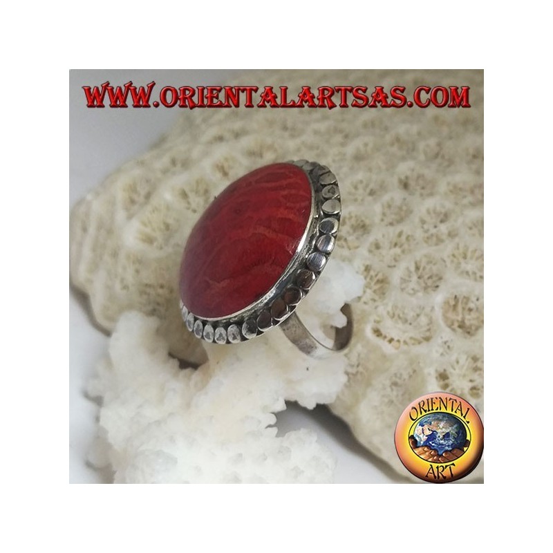 Anillo de plata con madrepora redonda roja (coral) rodeada de discos ajustables (tamaño libre)