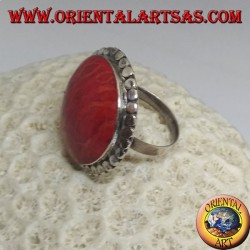 Round silver ring with red madrepora (coral) surrounded by adjustable disks (freesize)