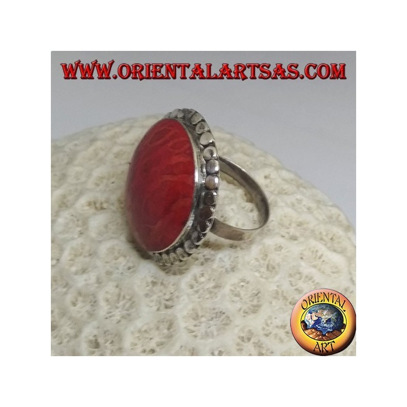 Anillo de plata con madrepora redonda roja (coral) rodeada de discos ajustables (tamaño libre)