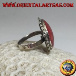 Round silver ring with red madrepora (coral) surrounded by adjustable disks (freesize)