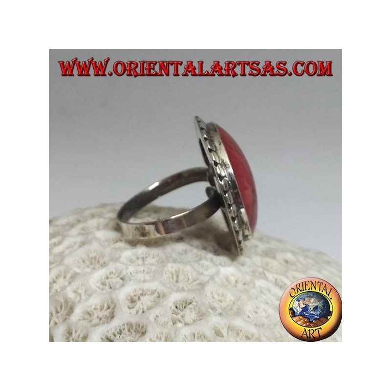 Runder silberner Ring mit roter Madrepora (Koralle), umgeben von verstellbaren Scheiben (Freesize)