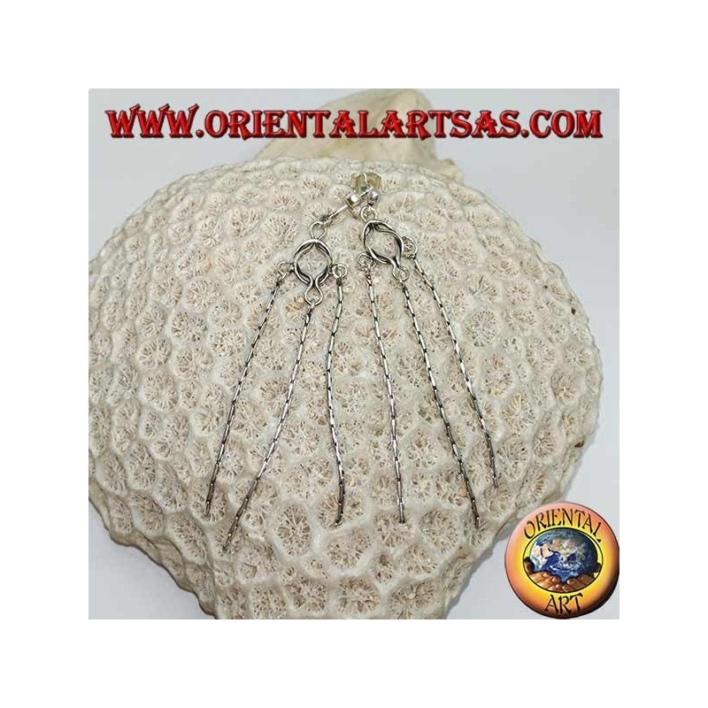 Silver lobe earrings with knot and three hanging knitted threads