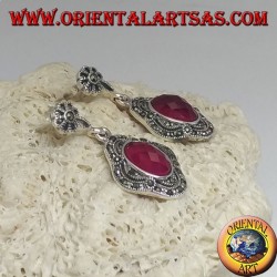 Silver earrings with oval faceted synthetic ruby surrounded by marcasite and openwork