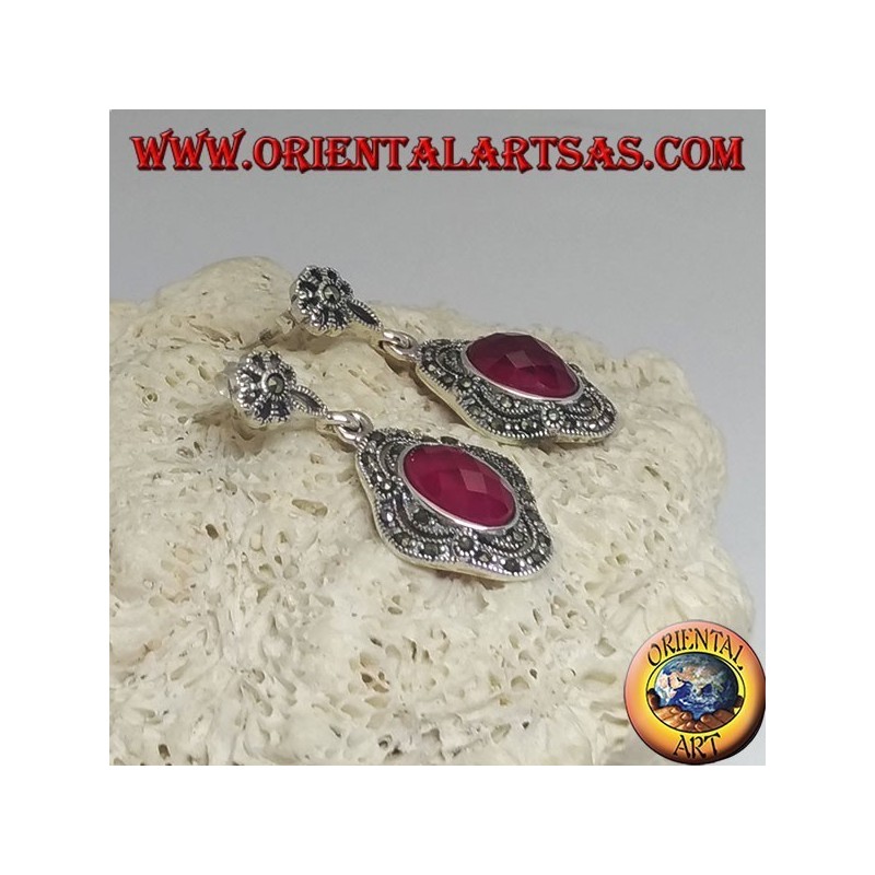 Silver earrings with oval faceted synthetic ruby surrounded by marcasite and openwork