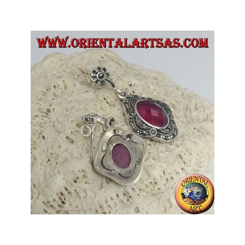 Silver earrings with oval faceted synthetic ruby surrounded by marcasite and openwork