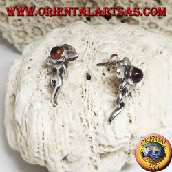 Silver earrings with round amber cabochon and flower with extended bass