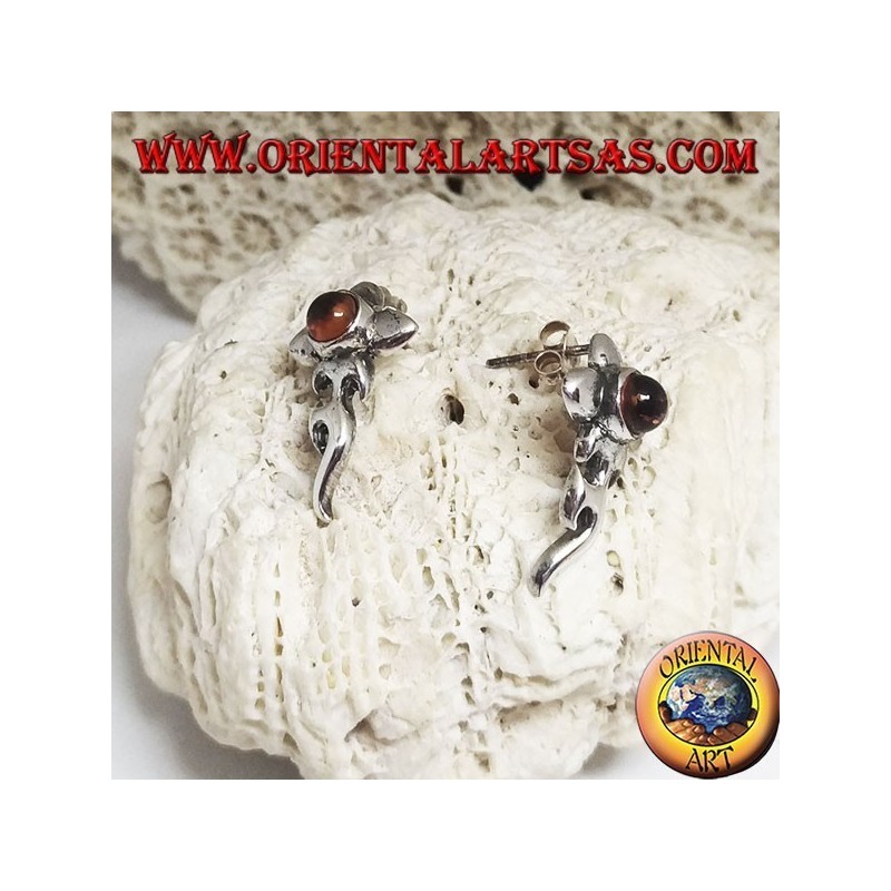 Silver earrings with round amber cabochon and flower with extended bass