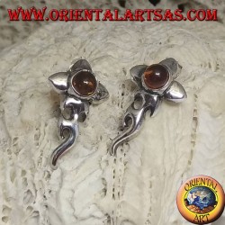 Silver earrings with round amber cabochon and flower with extended bass