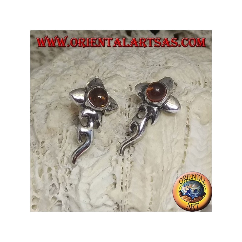 Silberohrringe mit rundem Bernstein-Cabochon und Blume mit verlängertem Bass