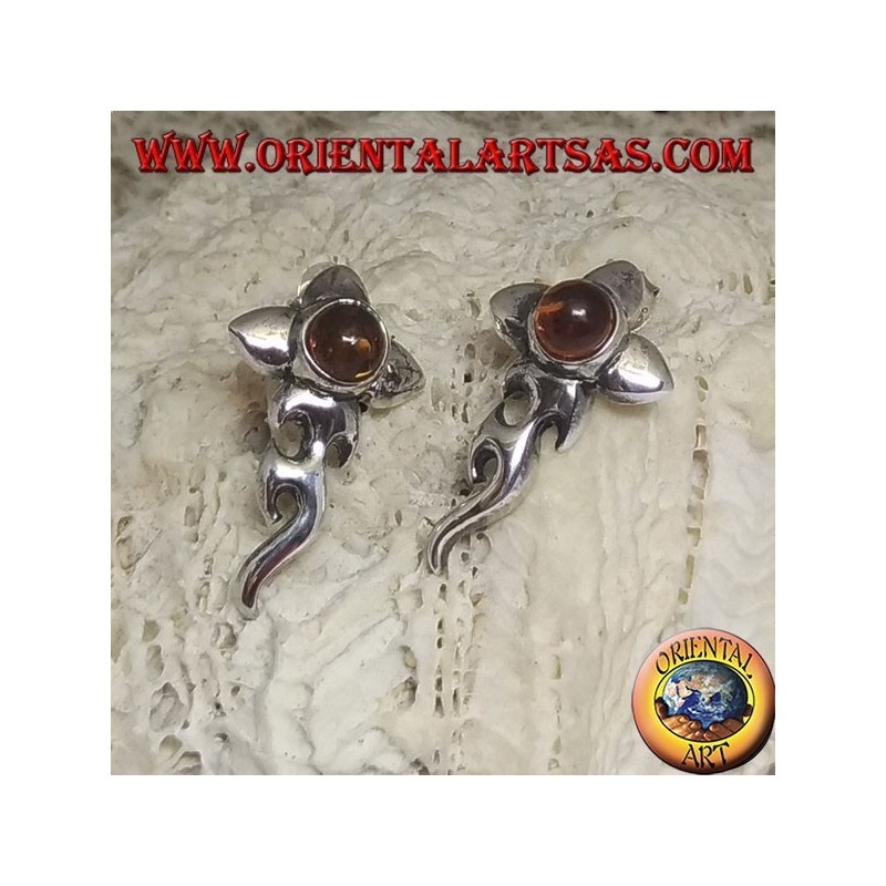 Boucles d'oreilles en argent avec cabochon ambre rond et fleur avec basse étendue