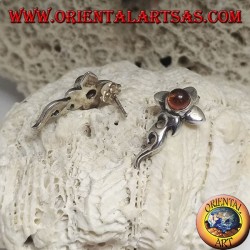 Silver earrings with round amber cabochon and flower with extended bass