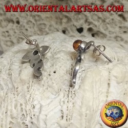 Silberohrringe mit rundem Bernstein-Cabochon und Blume mit verlängertem Bass