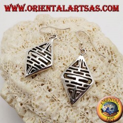 Silver earrings with openwork design with horizontal double-sided lines...