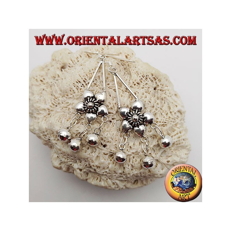 Silver earrings with 5-petal flower and three hanging bells