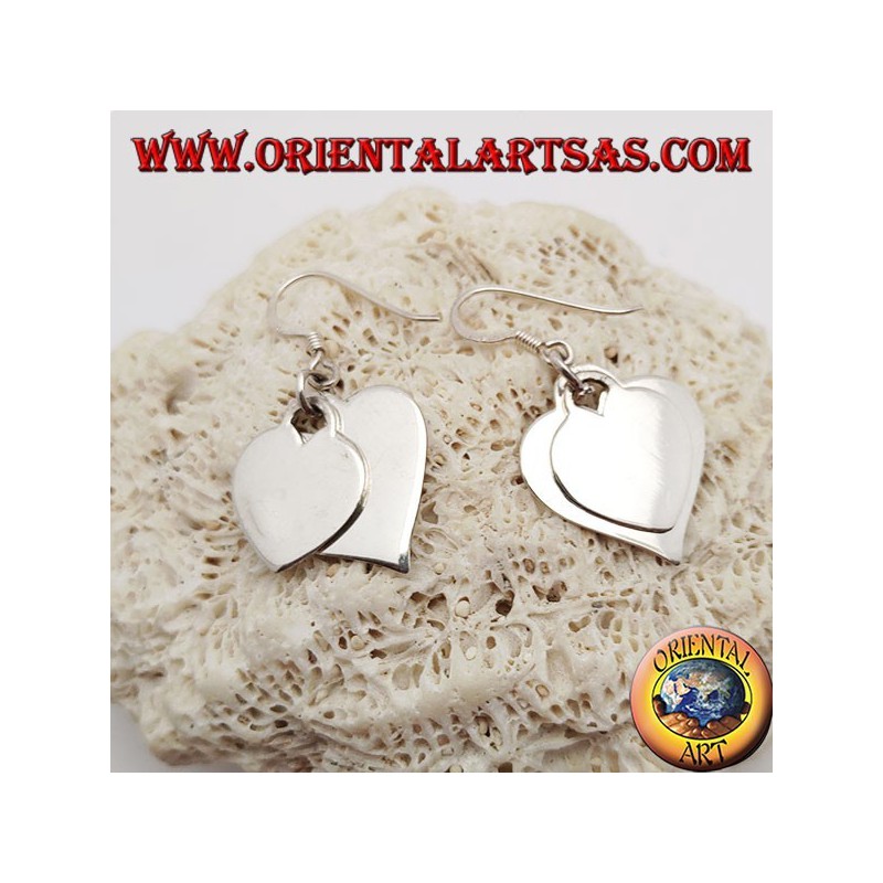 Silver earrings with two smooth overlapping hanging hearts