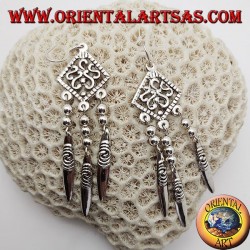 S-shaped silver earrings in an openwork rhombus with 3 hanging plates with engraved spirals