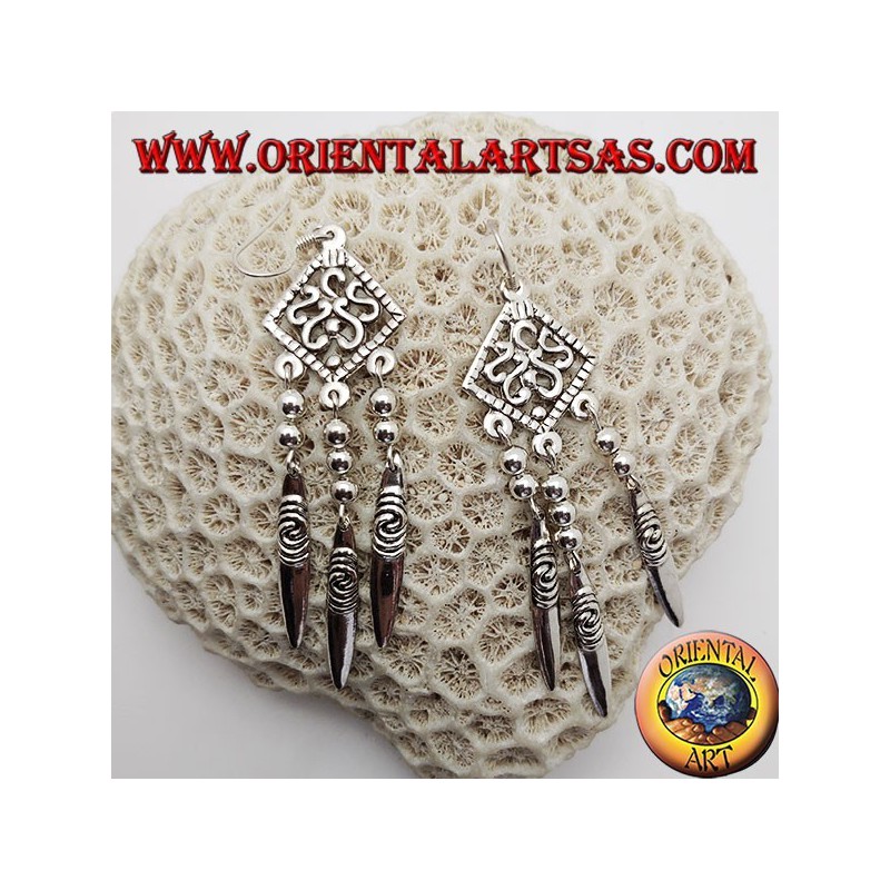 S-shaped silver earrings in an openwork rhombus with 3 hanging plates with engraved spirals