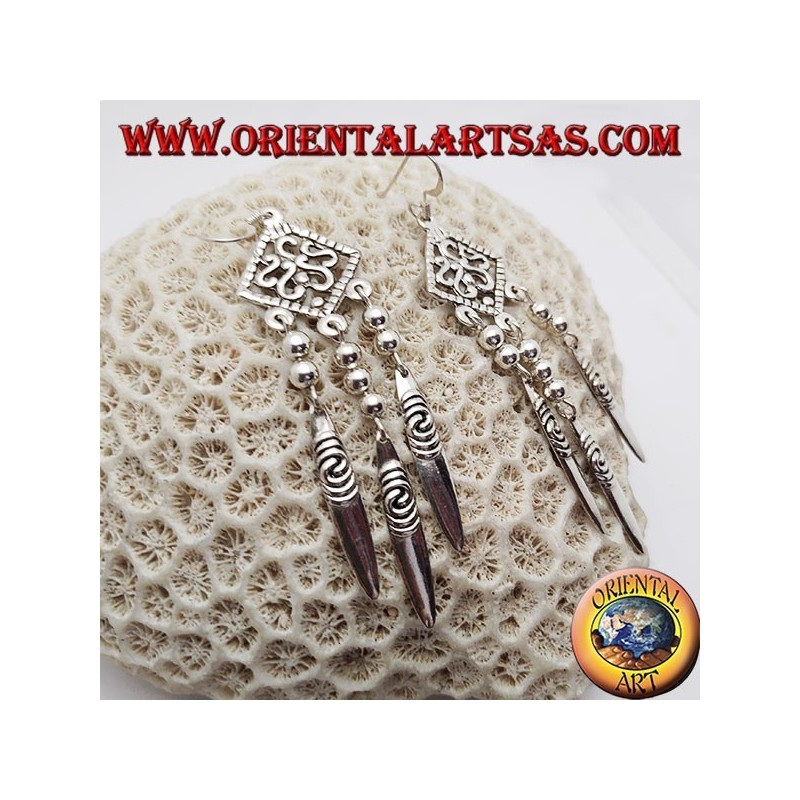 S-shaped silver earrings in an openwork rhombus with 3 hanging plates with engraved spirals
