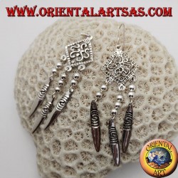 S-shaped silver earrings in an openwork rhombus with 3 hanging plates with engraved spirals