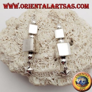 Silver earrings with parallelepipeds and alternating spheres with final hanging star